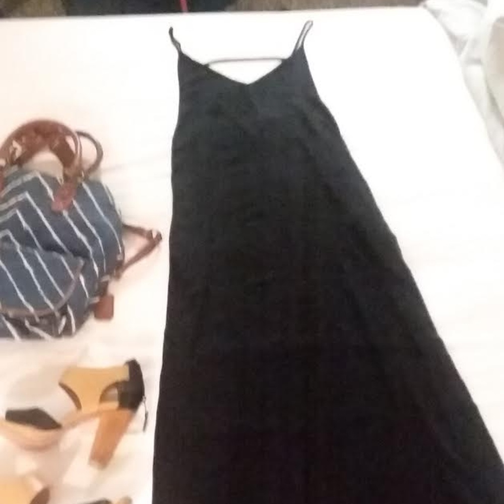 Long black silky ONIA maxi slip dress w/pockets
